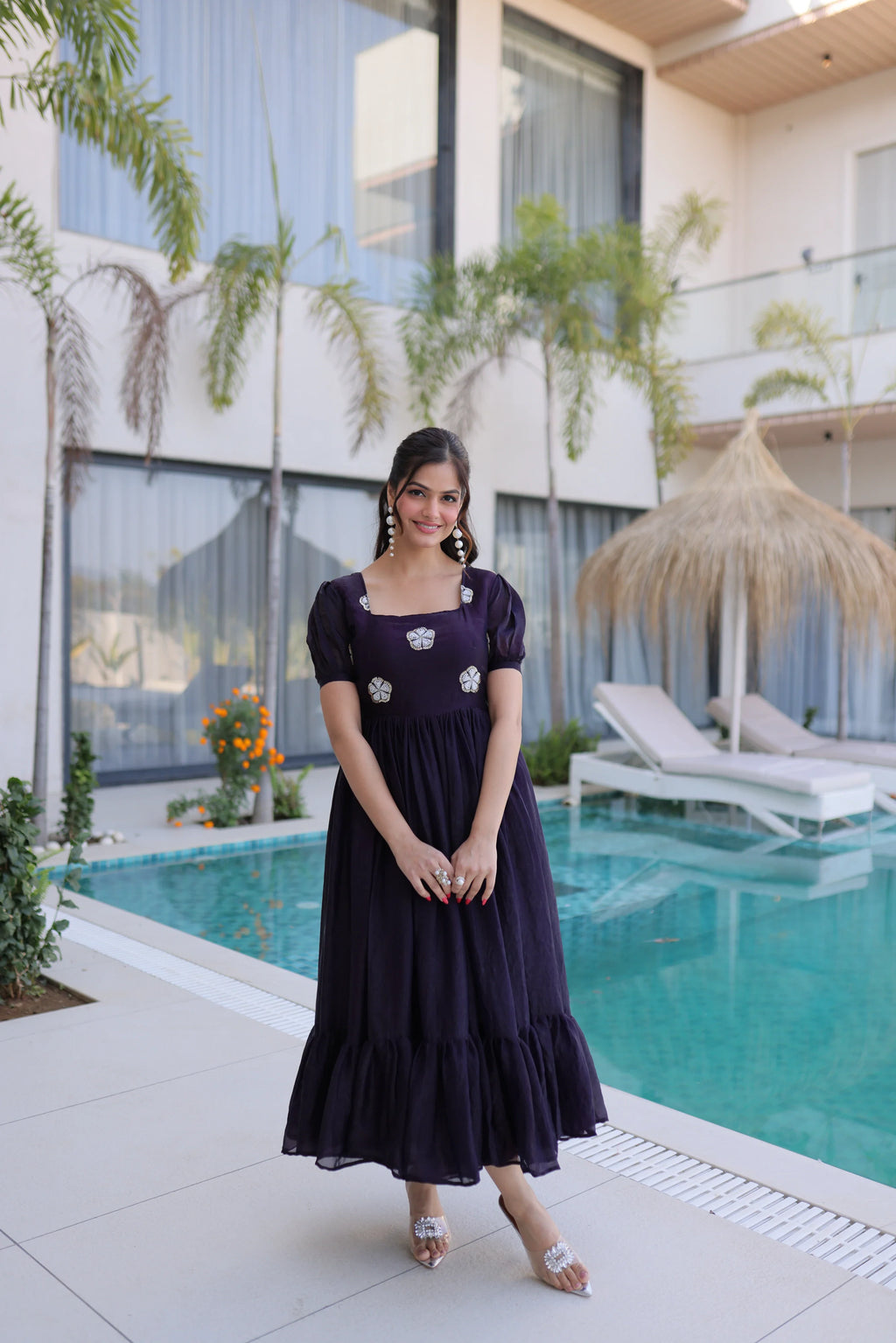 Sruvika purple Fendi silk gown with beads embroidered work