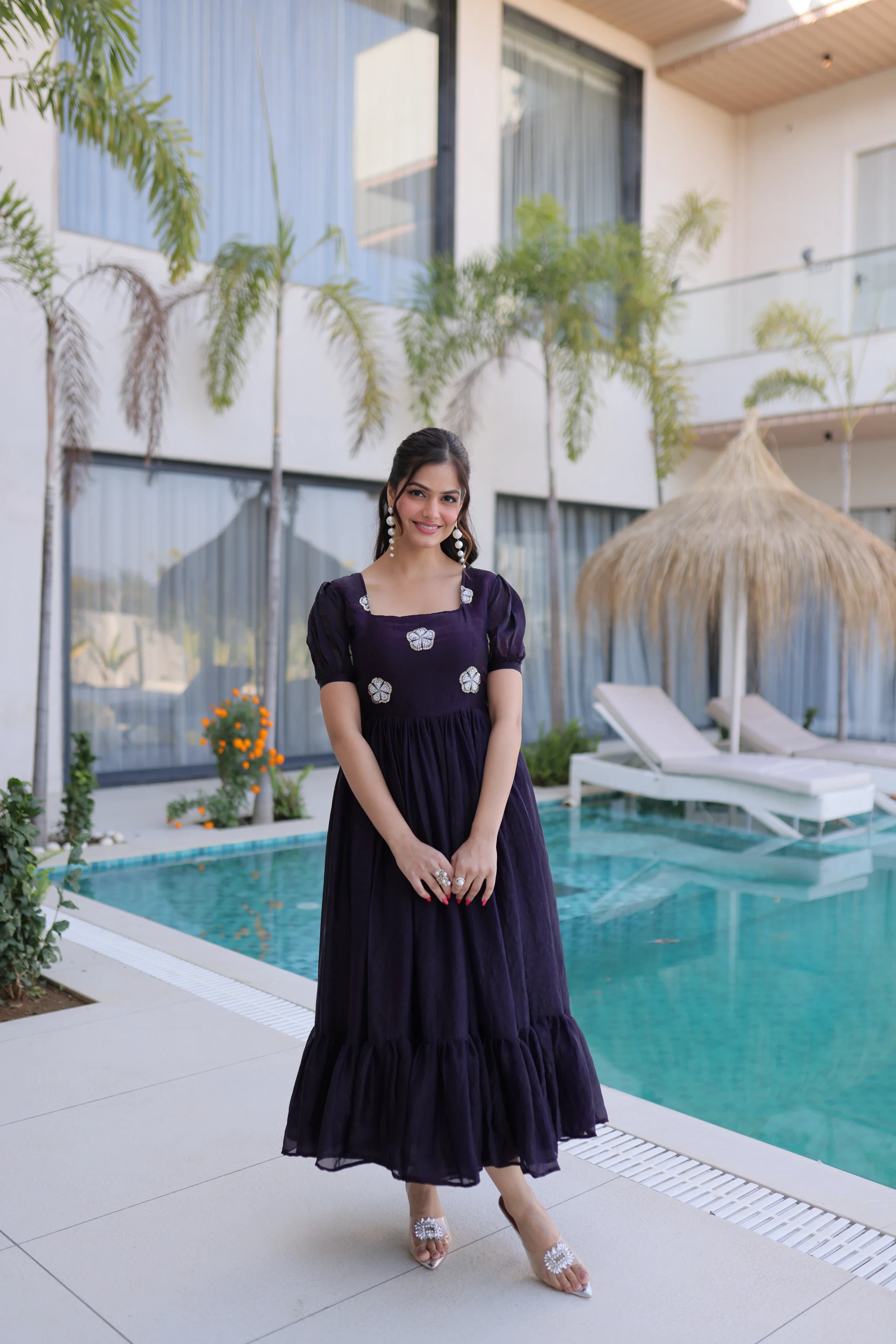 Sruvika purple Fendi silk gown with beads embroidered work