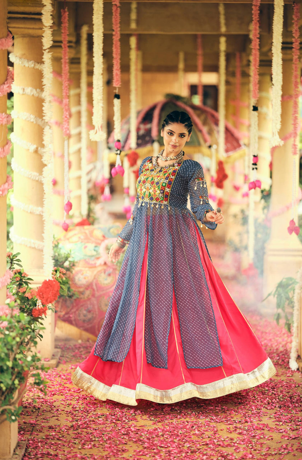 Navy blue pure rayon canvas patta embroidered mirror work lehenga choli