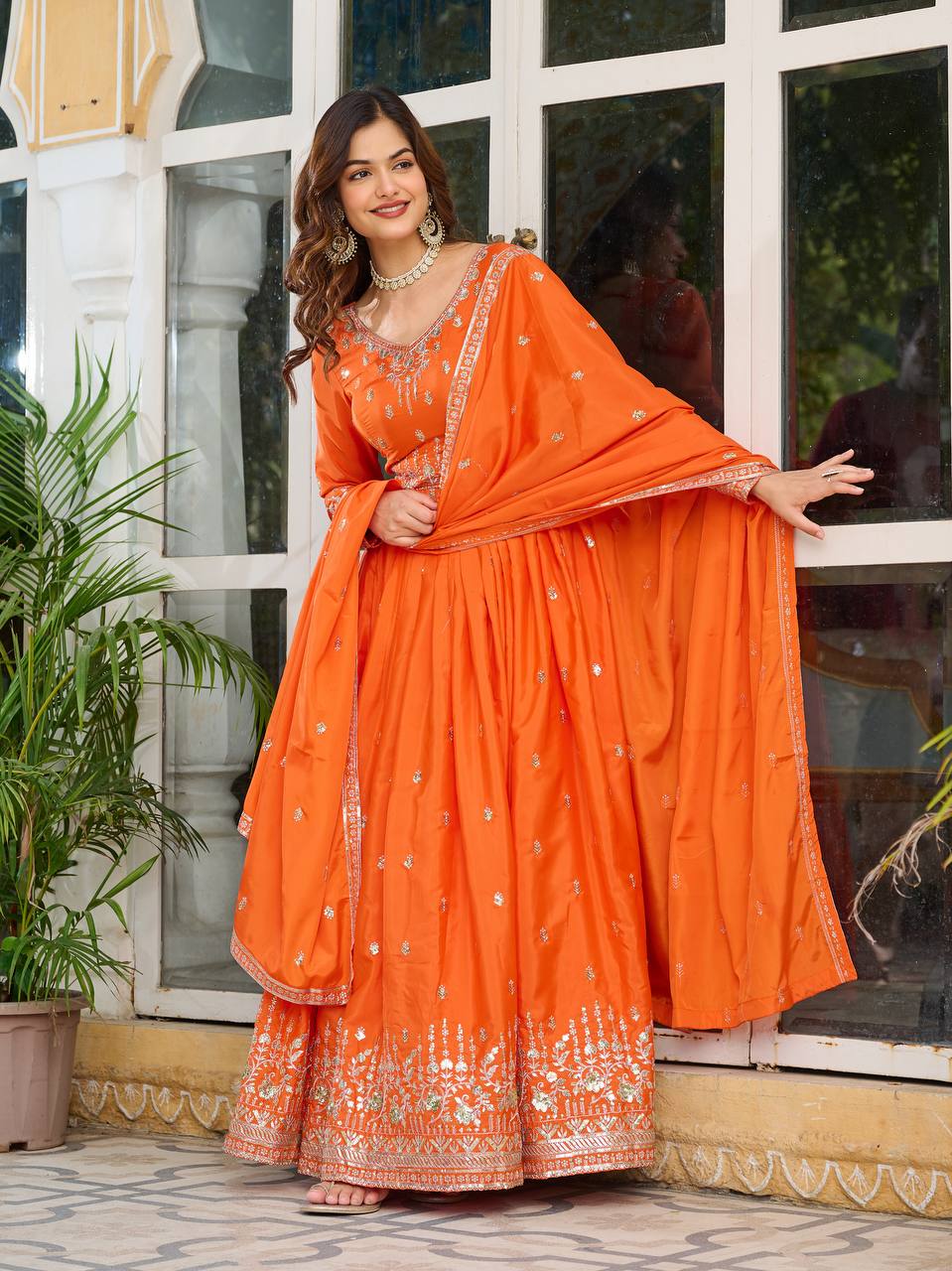 Meghnita Anarkali suit in American Silk with thread & sequin embroidery, padded gown, stitched pant & dupatta—perfect for weddings & festive wear.