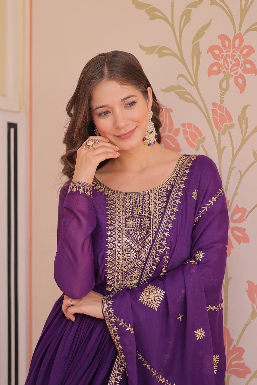 Purple star georgette zari sequins embroidered gown with dupatta