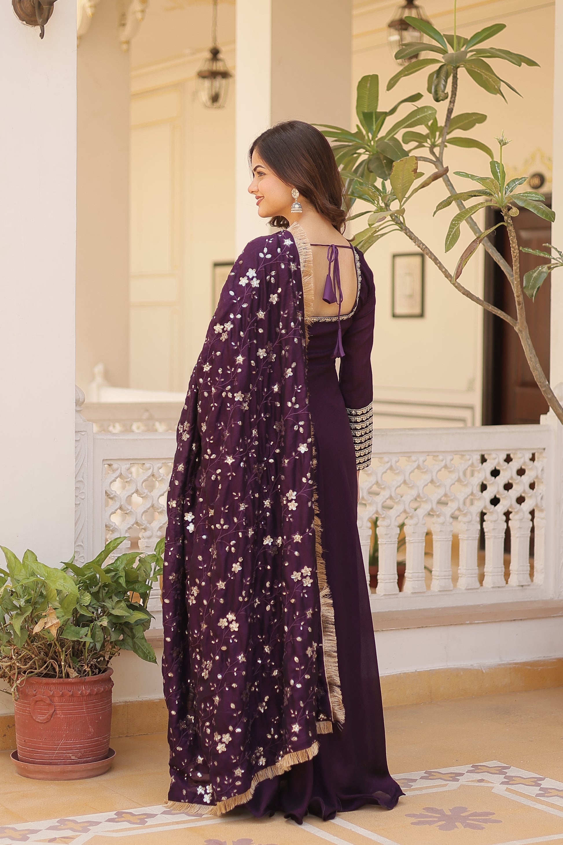 Purple Vichitra silk Aparajita designer Anarkali gown