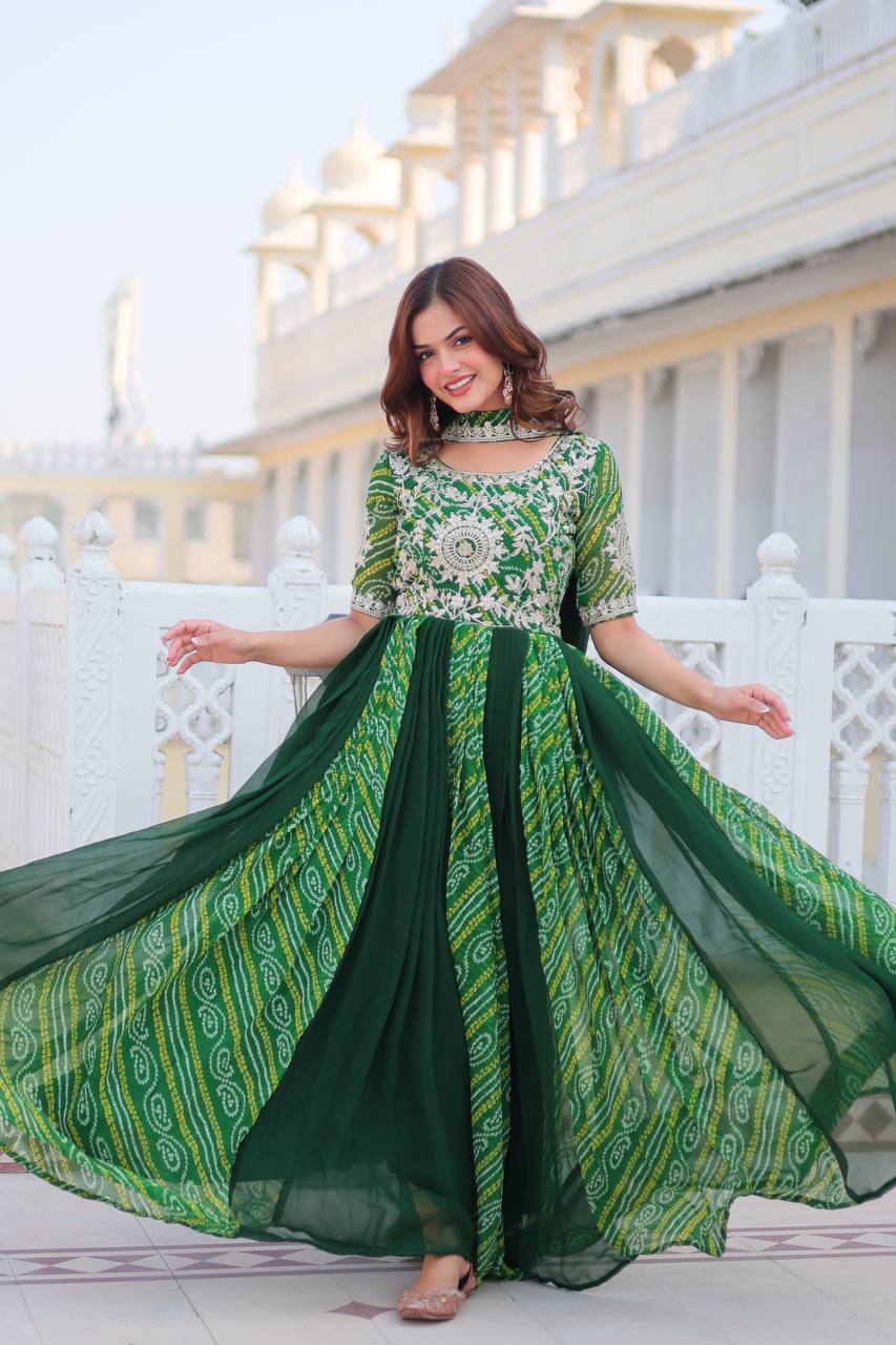 Saanvi pure bandhej georgette embroidered gown set