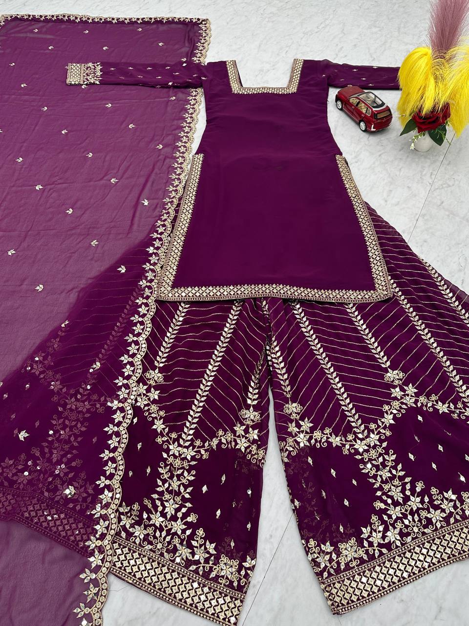 Aroa purple fox georgette kurti palazzo set with embroidery sequence work