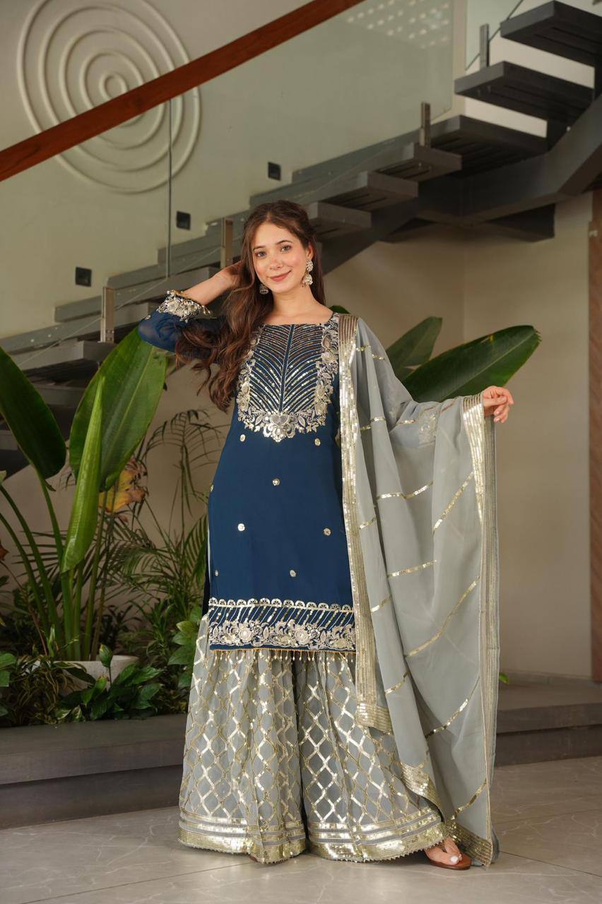 Blue fox georgette embroidered heavy sequence work kurti palazzo set
