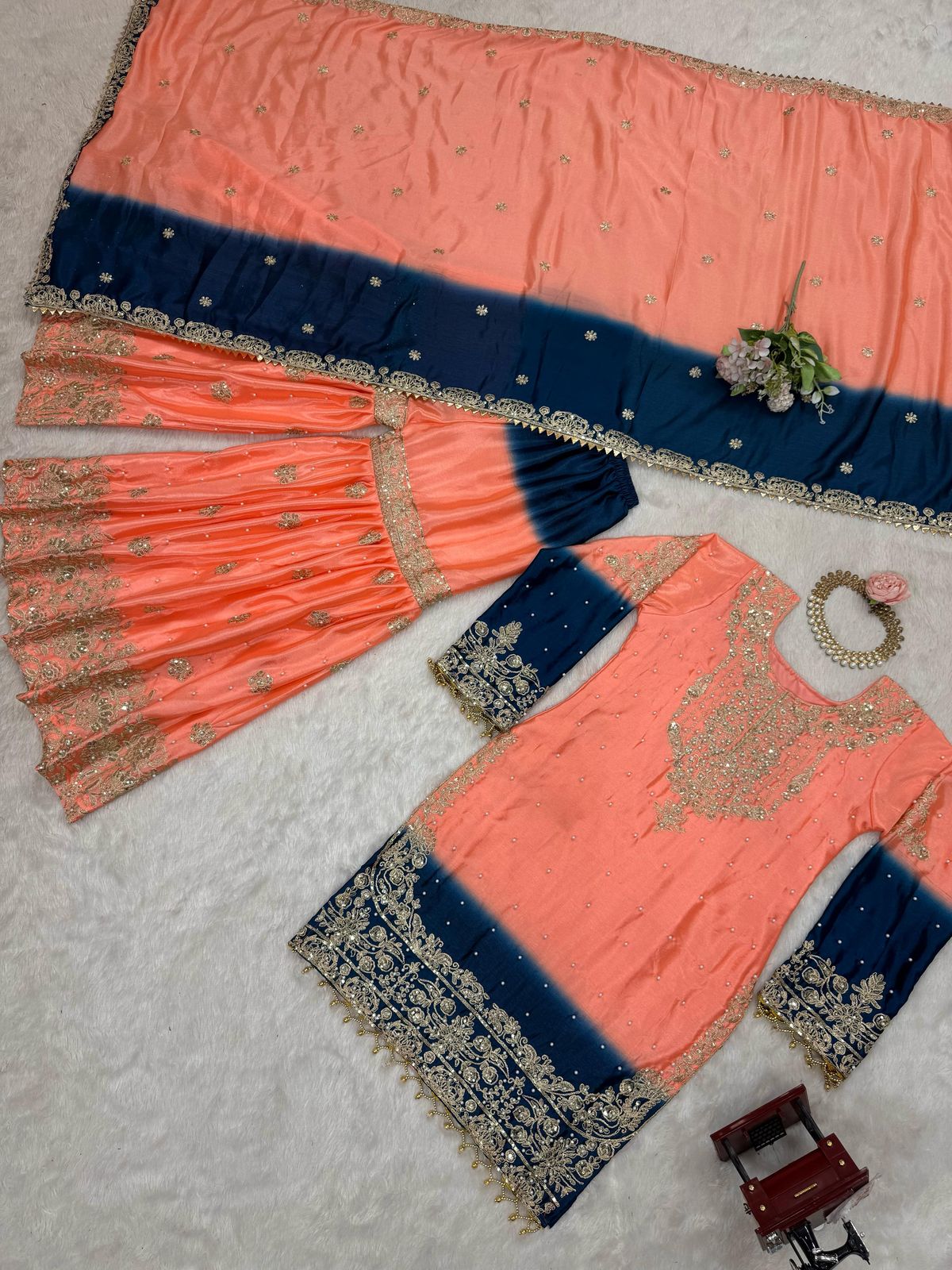 Manvisha peach embroidered sharara suit set