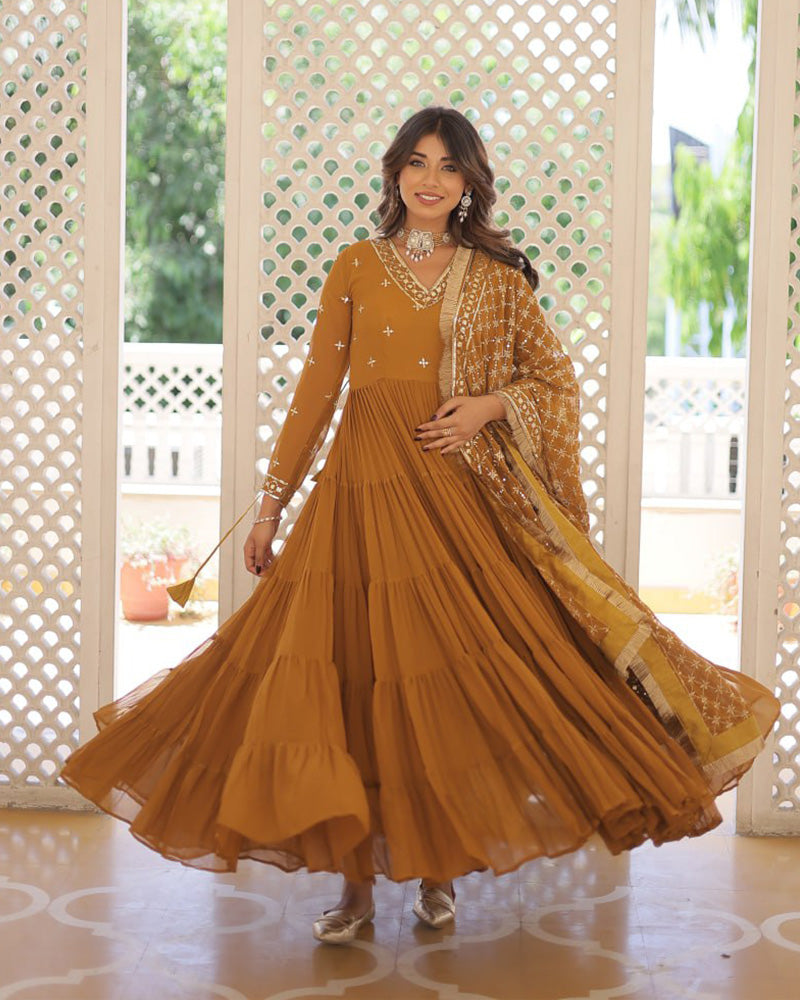 Ridhika mustard yellow georgette anarkali gown suit set