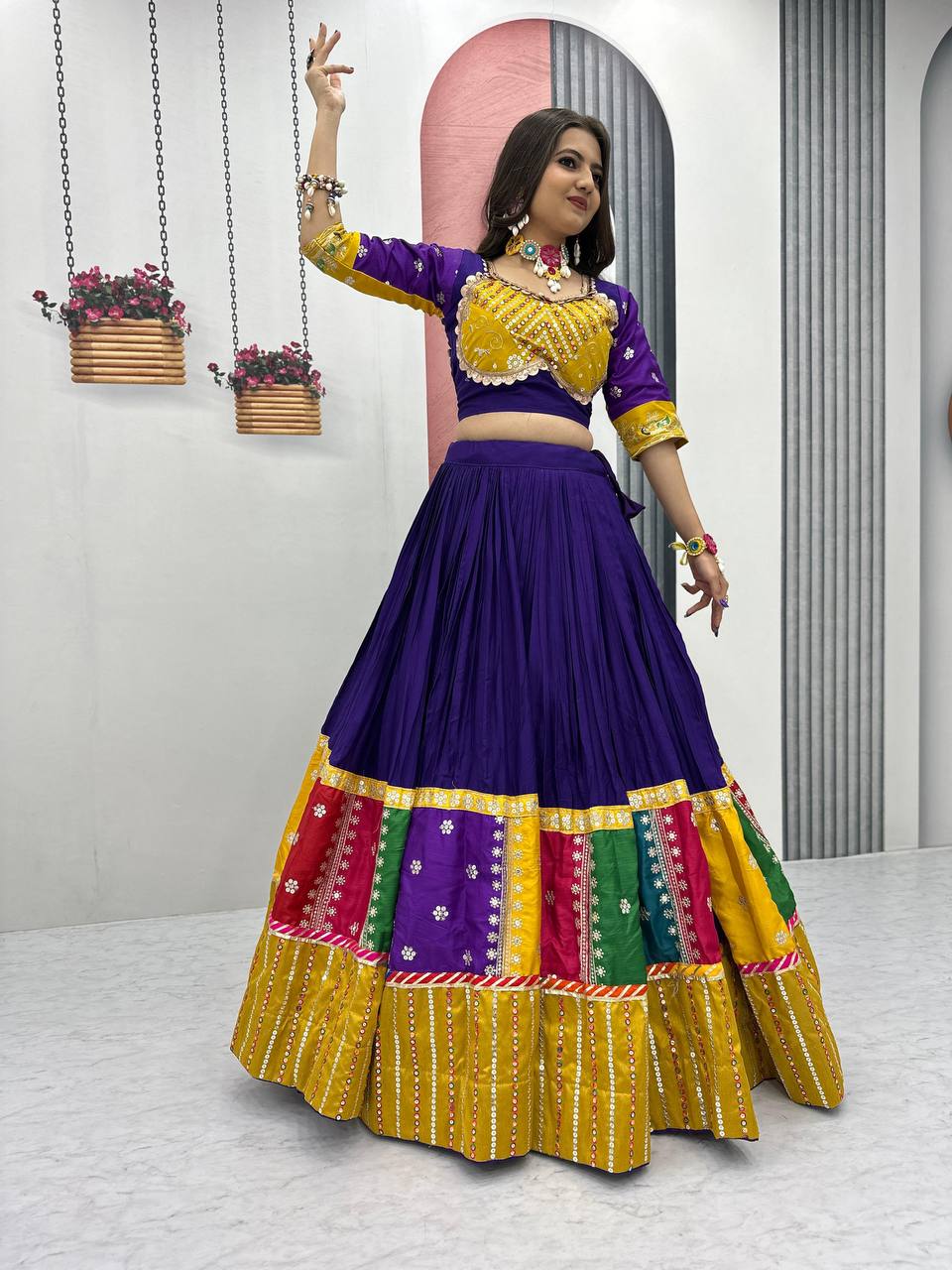 Purple pure cotton lehenga choli with embroidered sequins work and dupatta