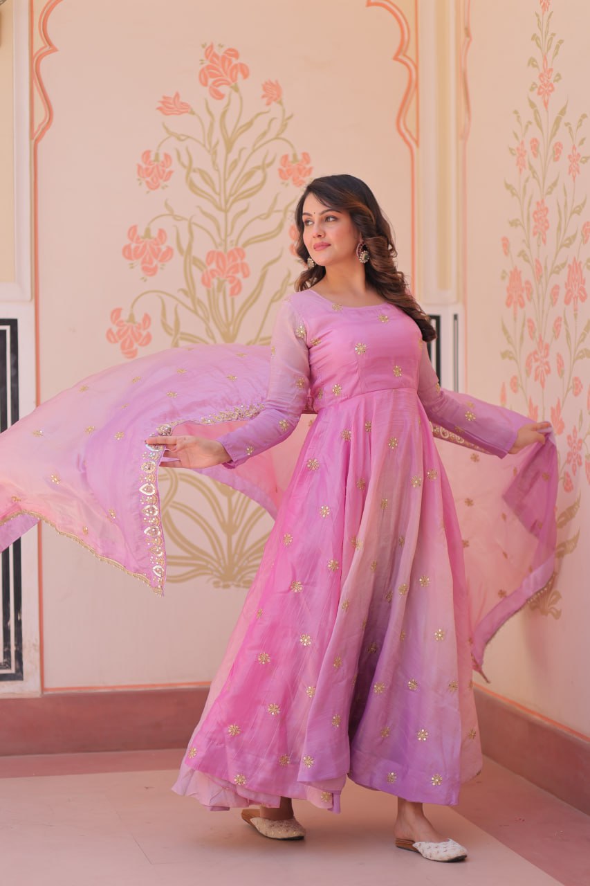 Pink organza flair gown with sequins zari embroidery and dupatta