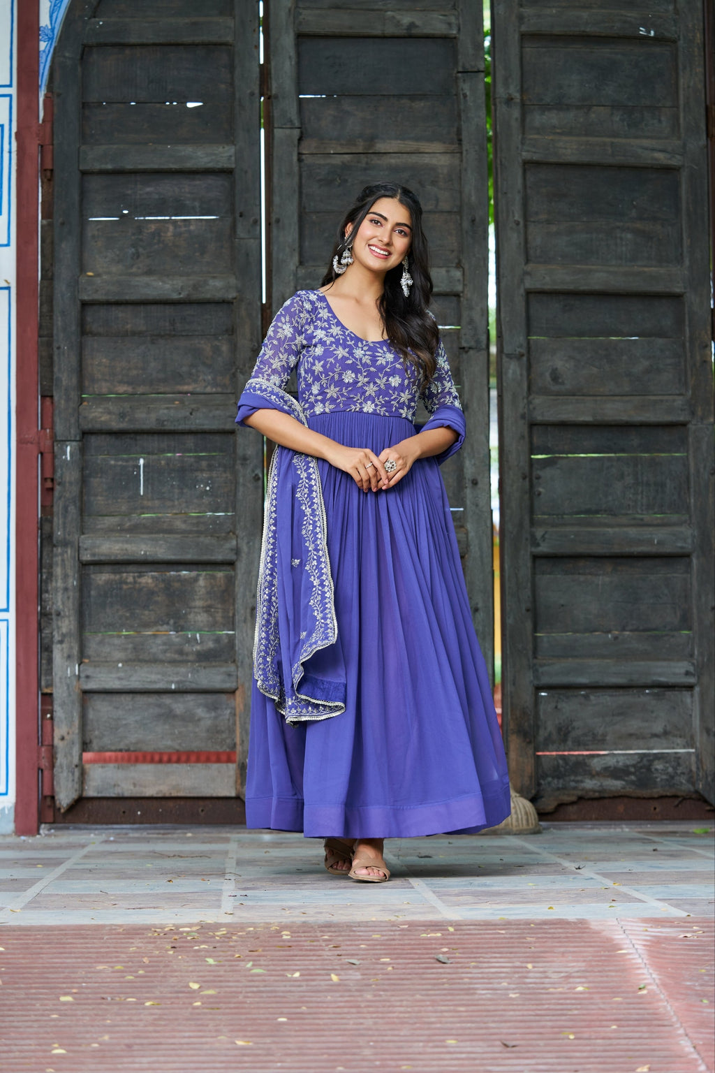 Rahi lavender faux blooming gown with sequins beads embroidery and dupatta