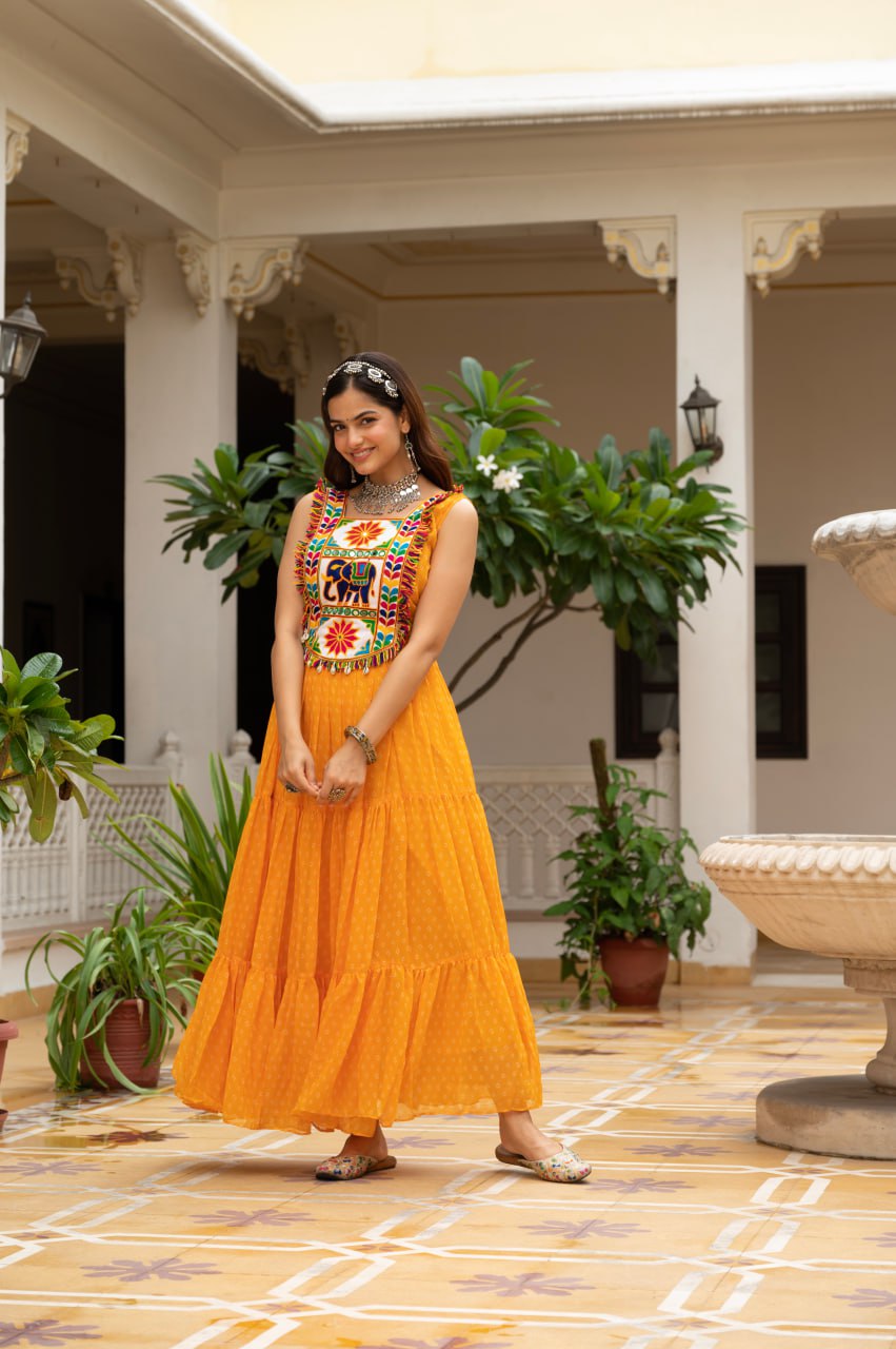 Yellow faux georgette Bandhani print Kutchi patch mirror work gown