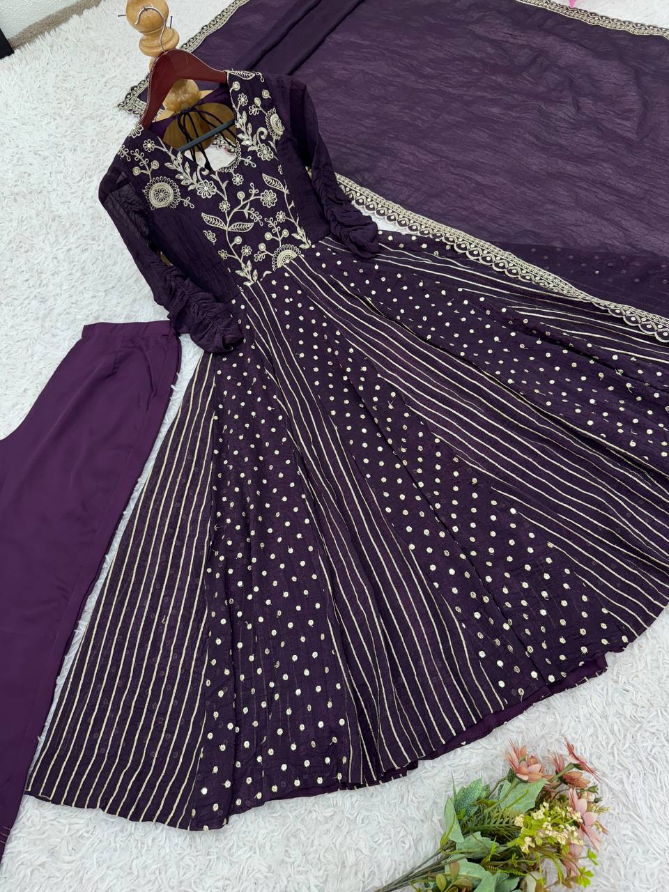 Purple traditional silk Anarkali suit set for women