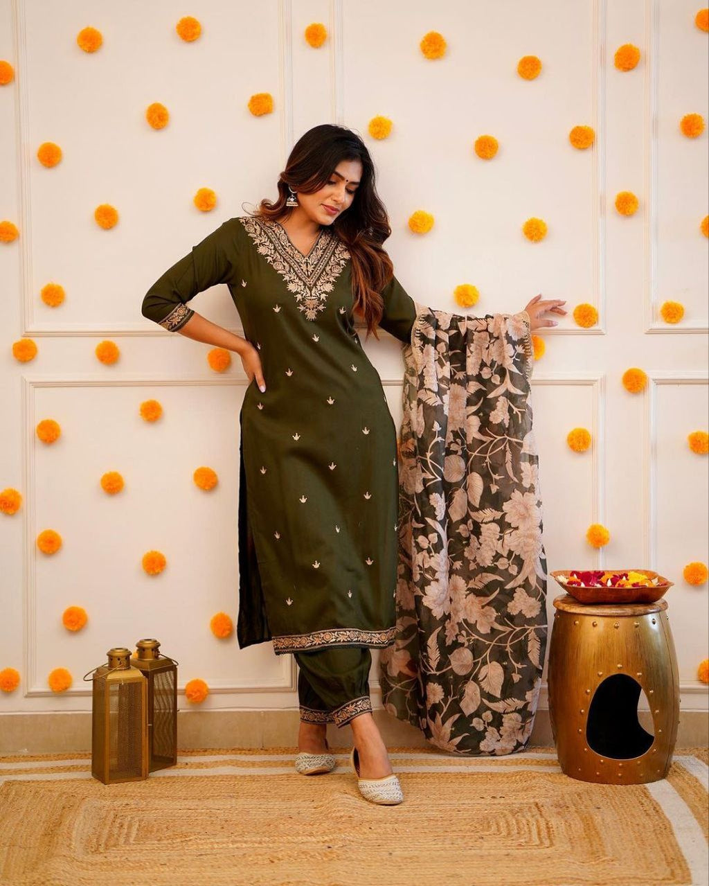 Janaki green chanderi embroidery kurti set with dupatta