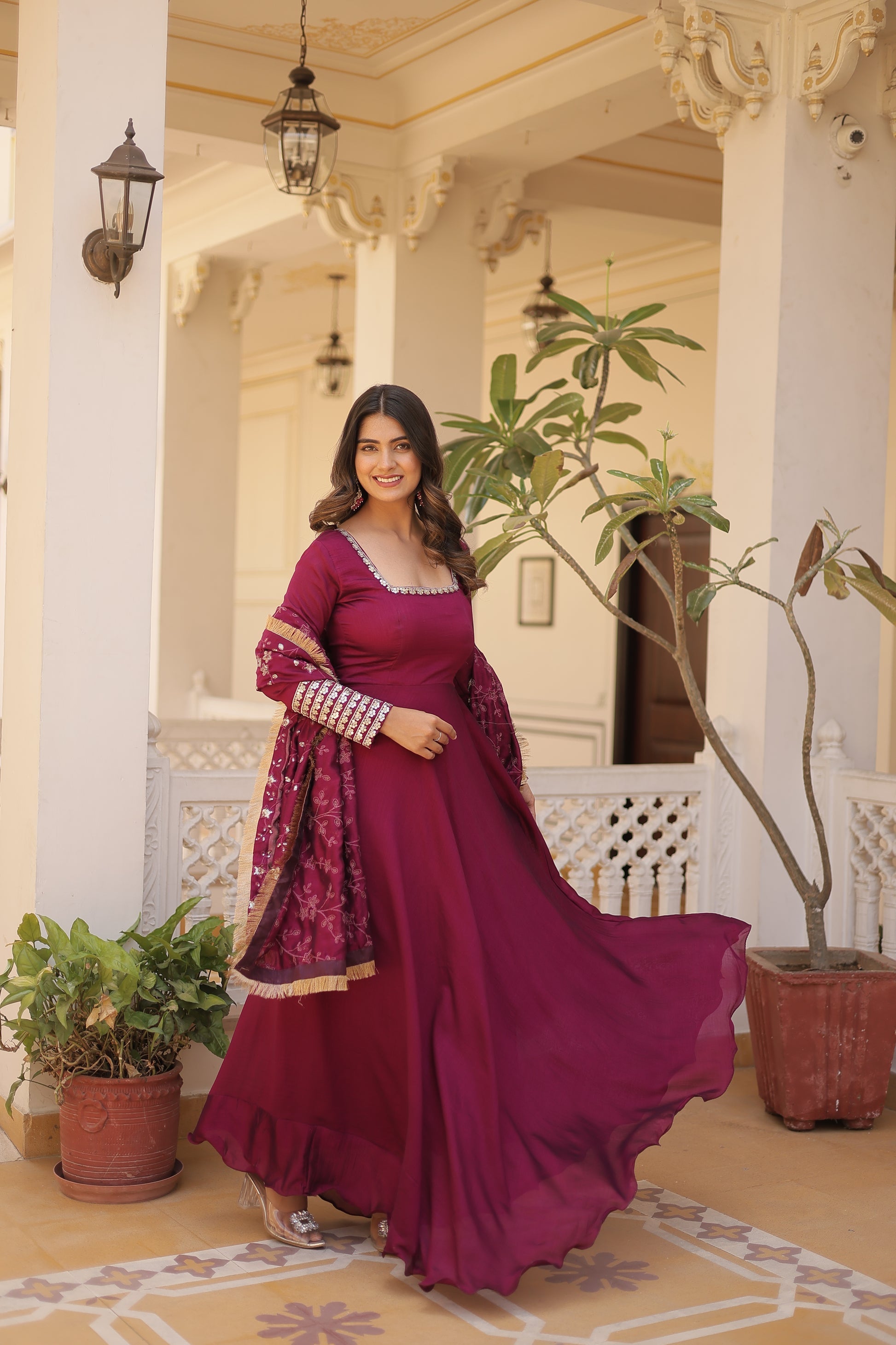 Magenta Vichitra silk Aparajita designer Anarkali gown