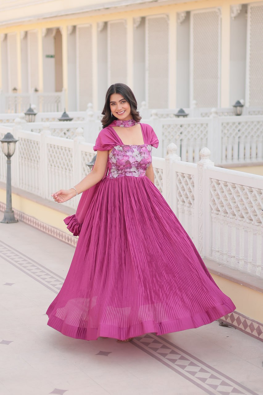 Shanta chinon pink printed anarkali gown set