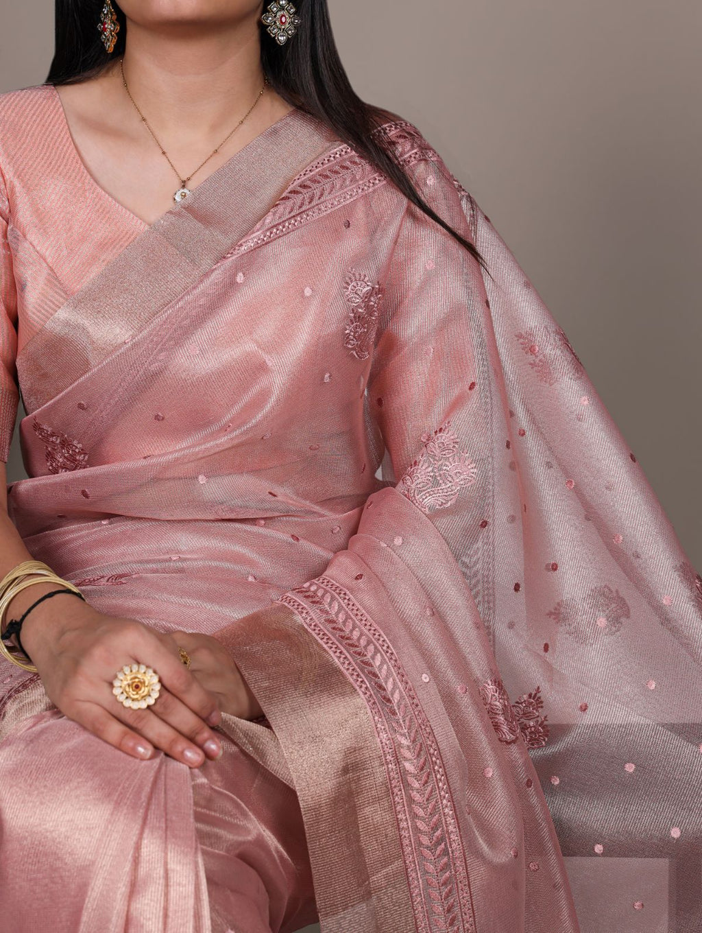 Light pink poly shimmer thread embroidered saree with unstitched blouse
