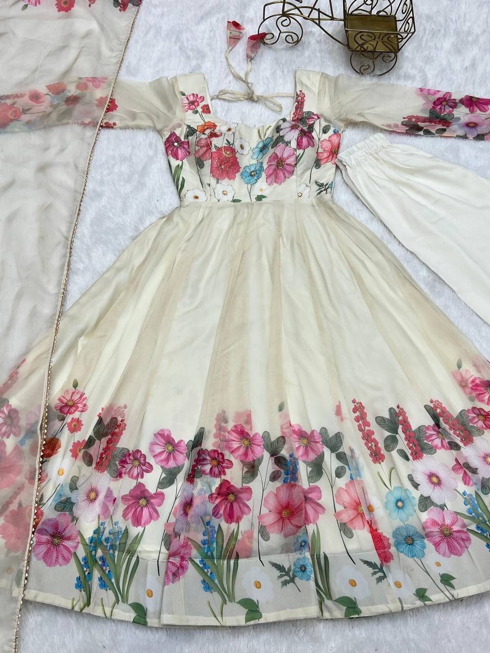 Darshika white organza floral printed Anarkali suit set