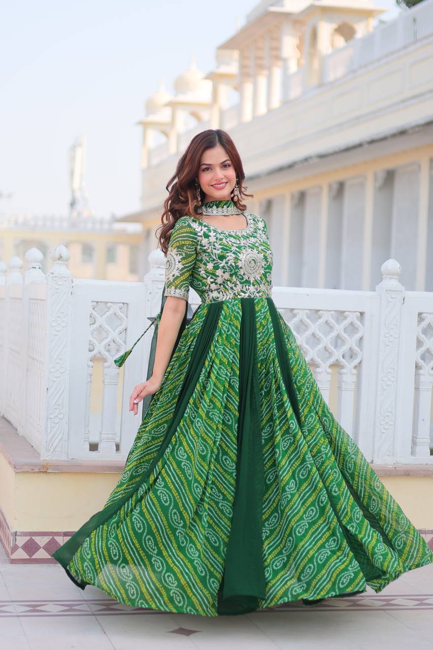 Saanvi pure bandhej georgette embroidered gown set