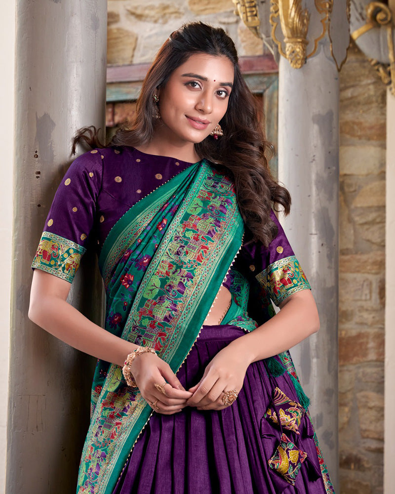 Purple silk half saree lehenga with printed design and Foli work