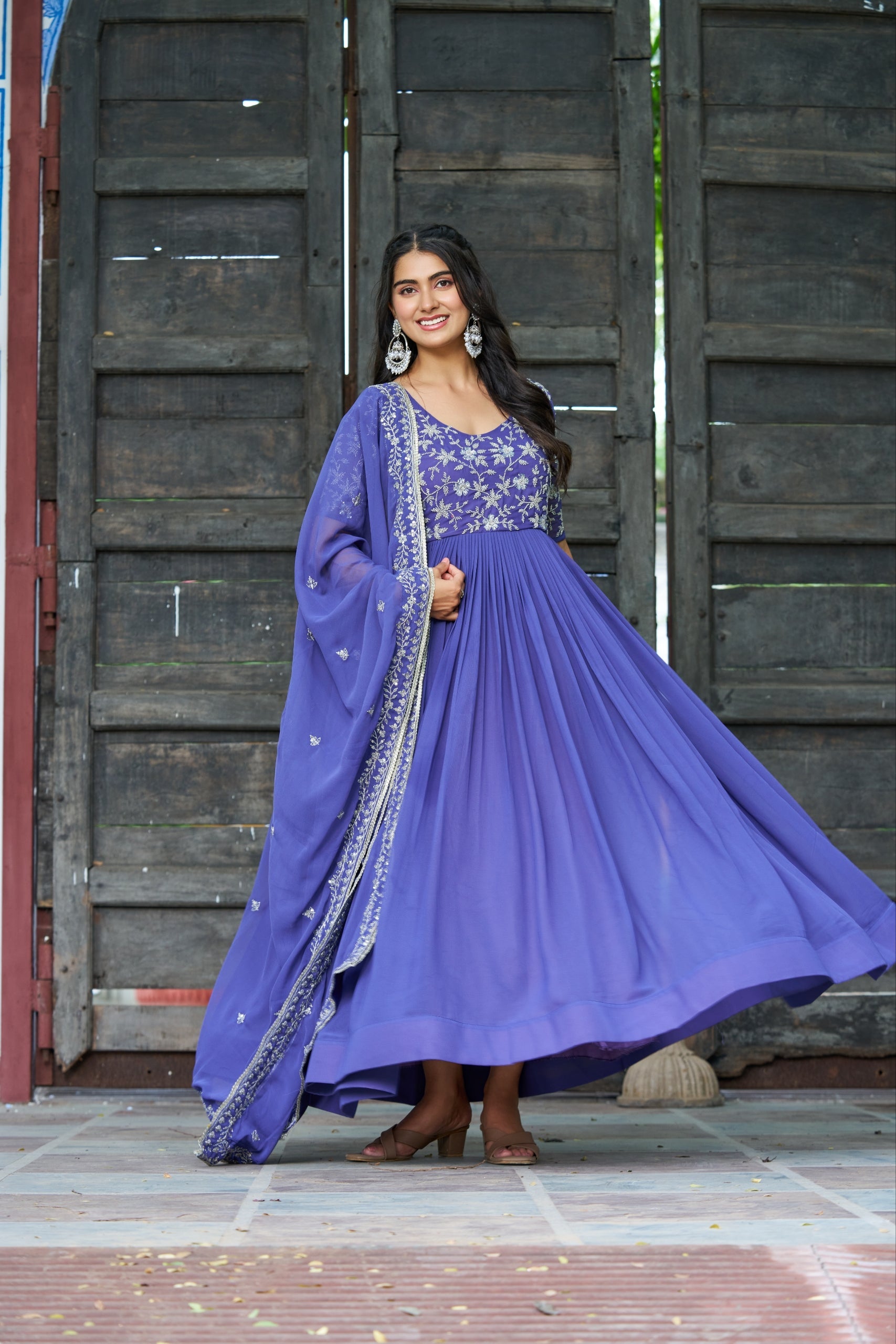 Rahi lavender faux blooming gown with sequins beads embroidery and dupatta