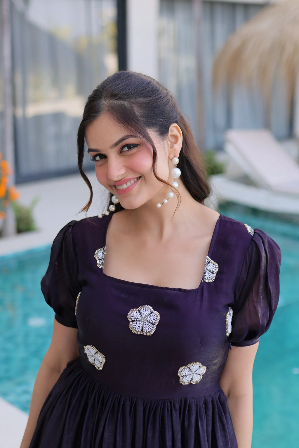 Sruvika purple Fendi silk gown with beads embroidered work