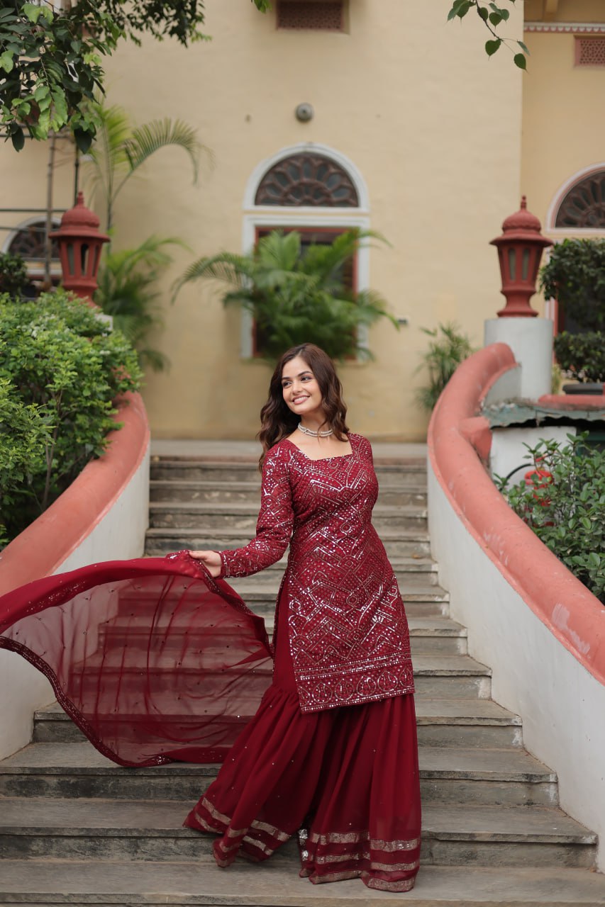 Maroon georgette embroidered Lavya designer sharara suit