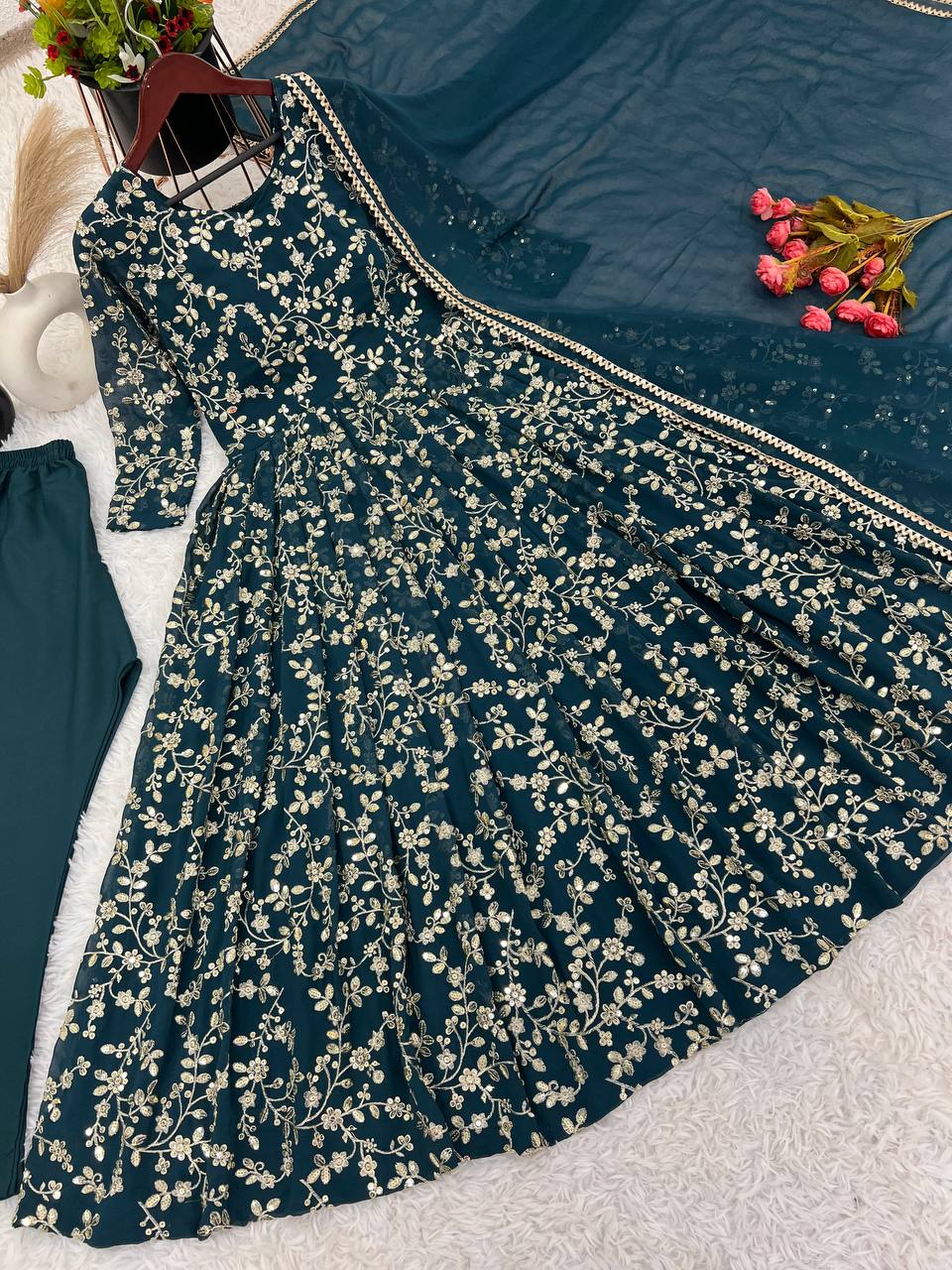 Janvika blue embroidered georgette Anarkali suit set