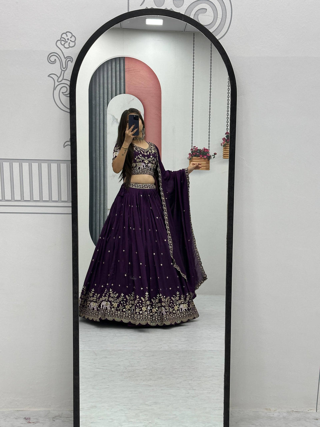 Gopi deep purple Vichitra silk lehenga choli with embroidery sequins thread work