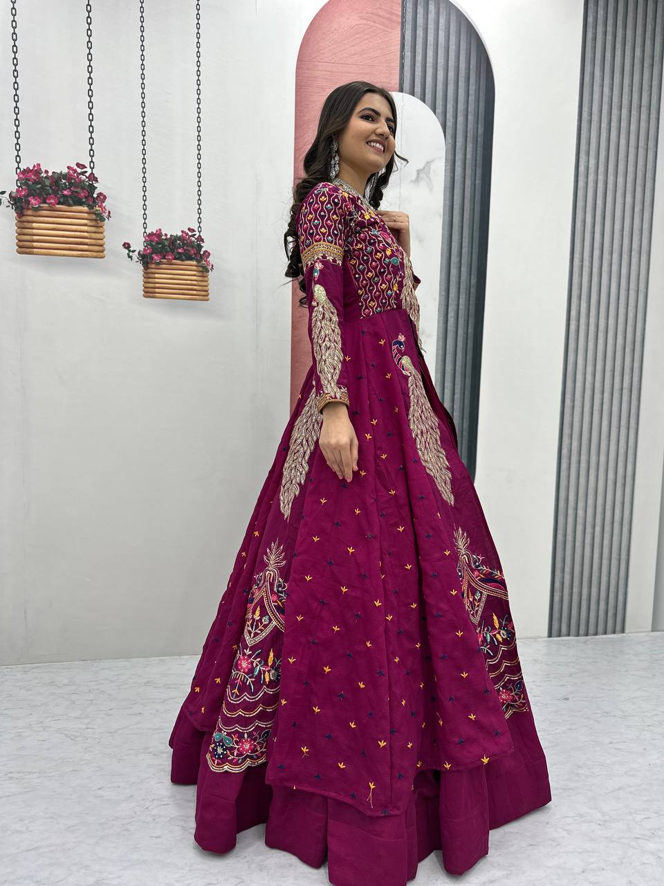 Mani magneta Vichitra silk crop top peacock design lehenga with embroidered shrug