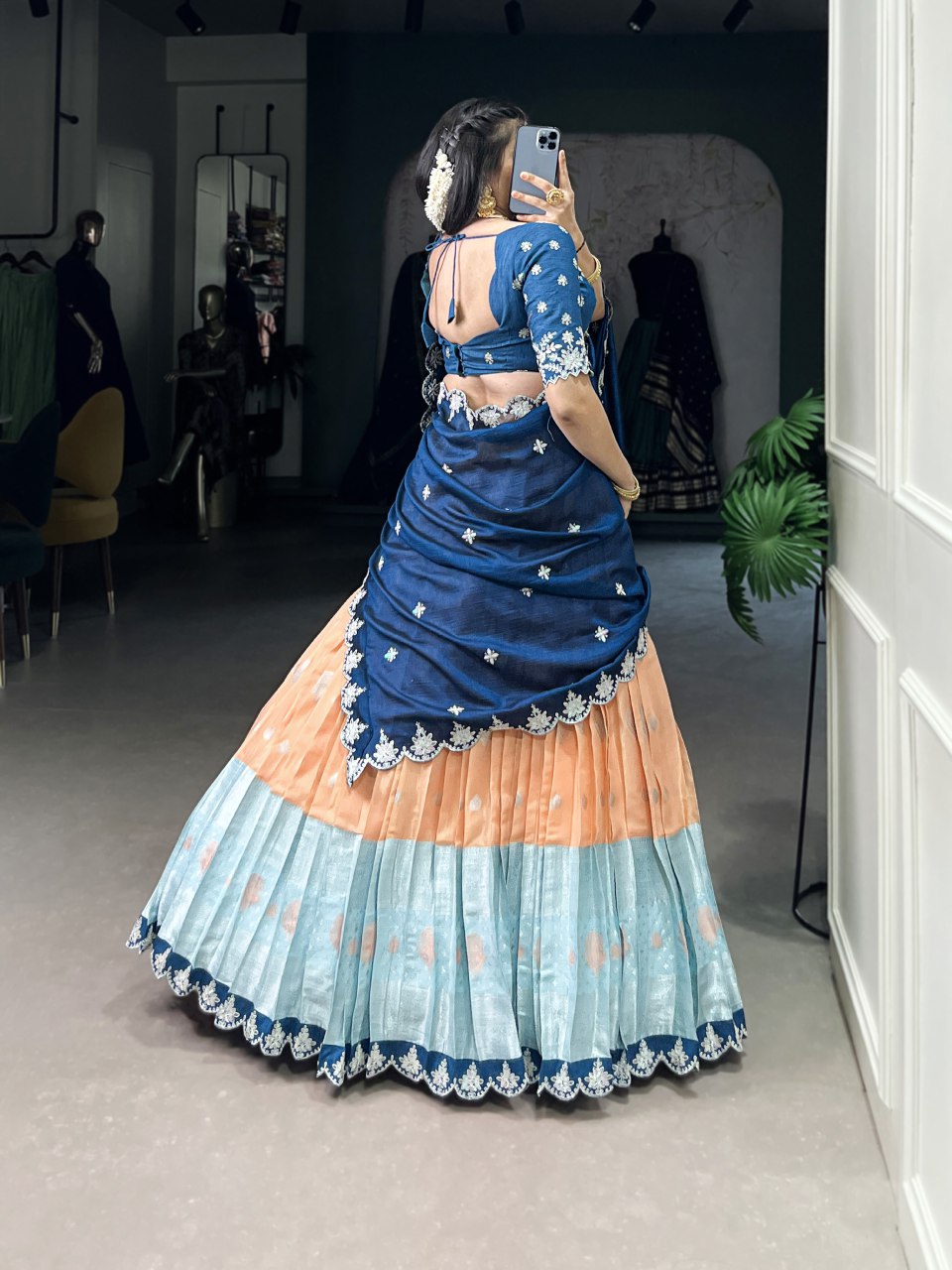Orange zari Kota lehenga with zari weaving embroidered Vichitra silk dupatta