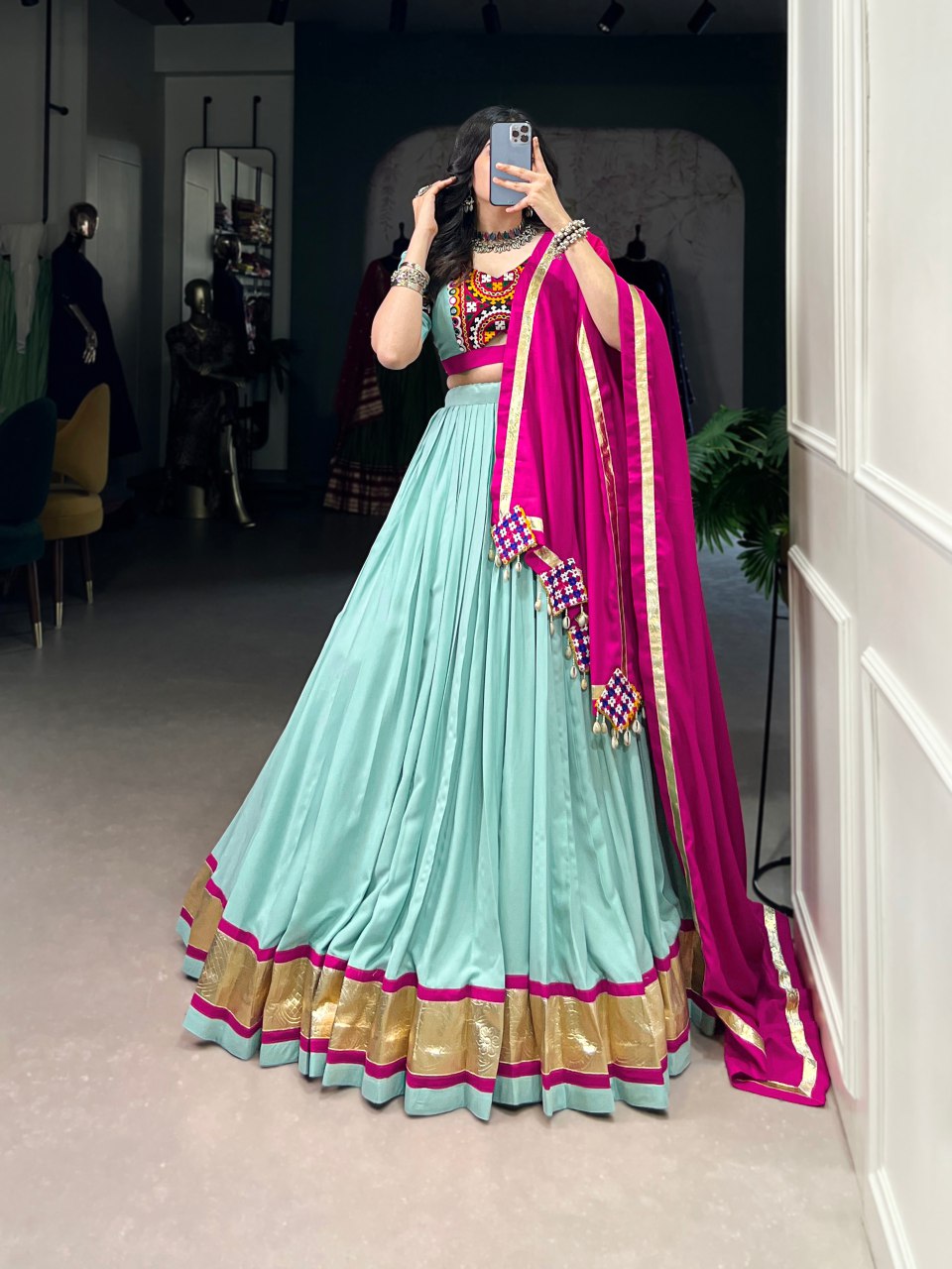 Mint green pure rayon lehenga choli with mirror Gamthi work and Kodi lace dupatta