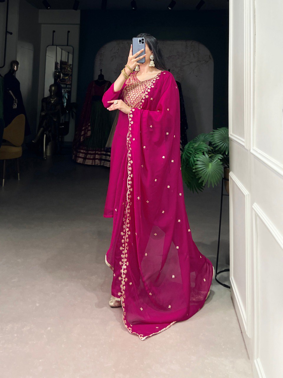 Pink organza kurti set with sequins and thread work embroidery and dupatta