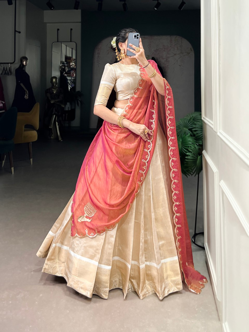 Golden jacquard chex lehenga choli with zari weaving and embroidered dupatta
