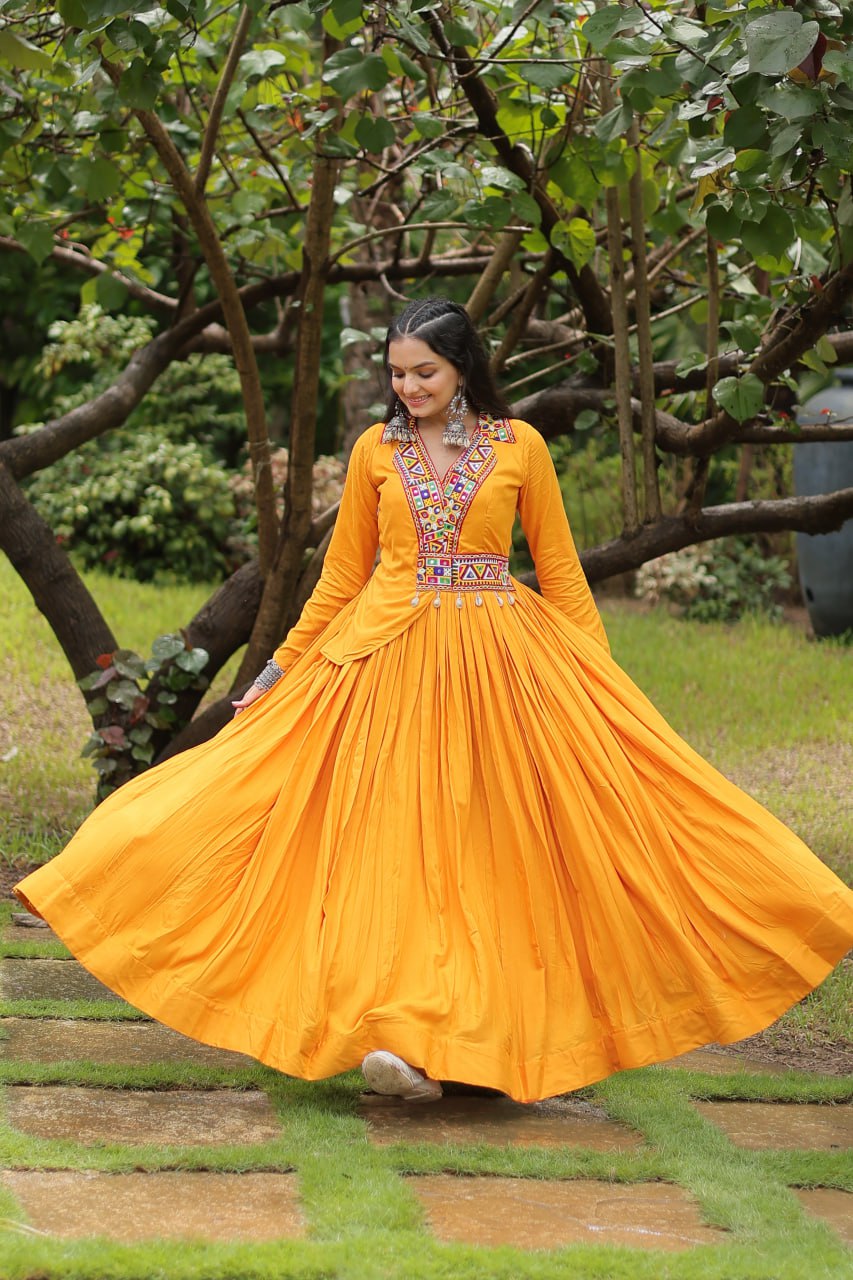 Yellow rayon Kutchi Gamthi embroidered Misty Navratri gown