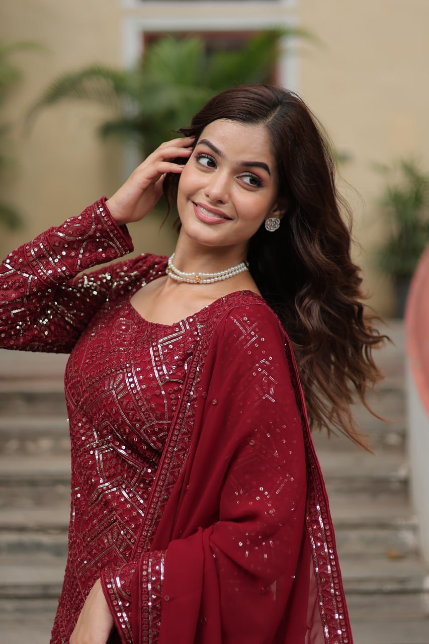 Maroon georgette embroidered Lavya designer sharara suit