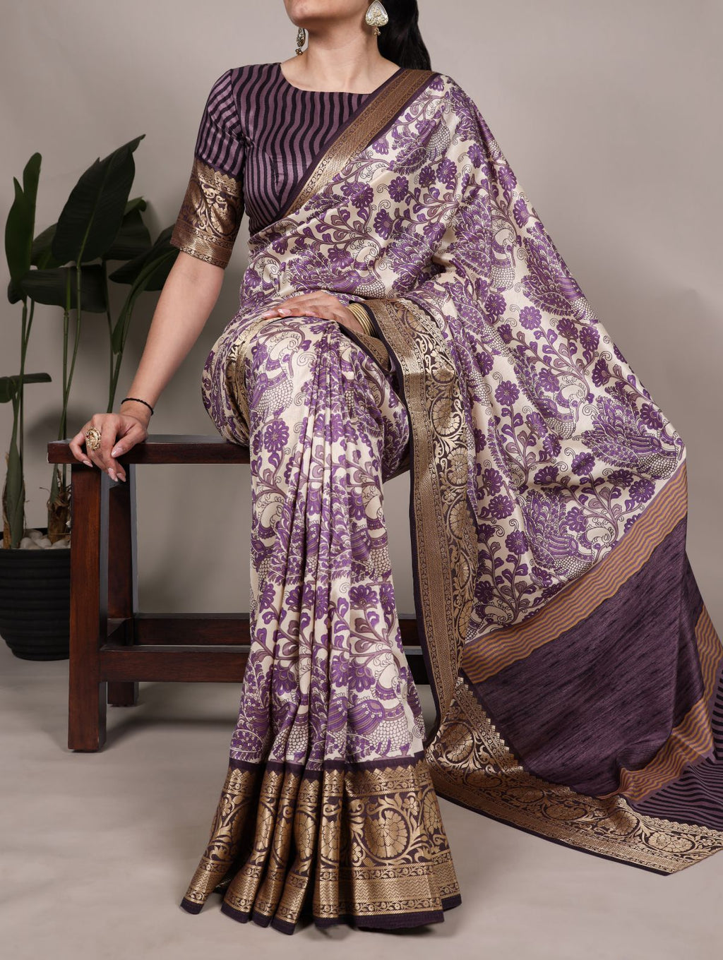 Purple tasar silk printed saree with viscose border and blouse