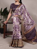 Purple tasar silk printed saree with viscose border and blouse