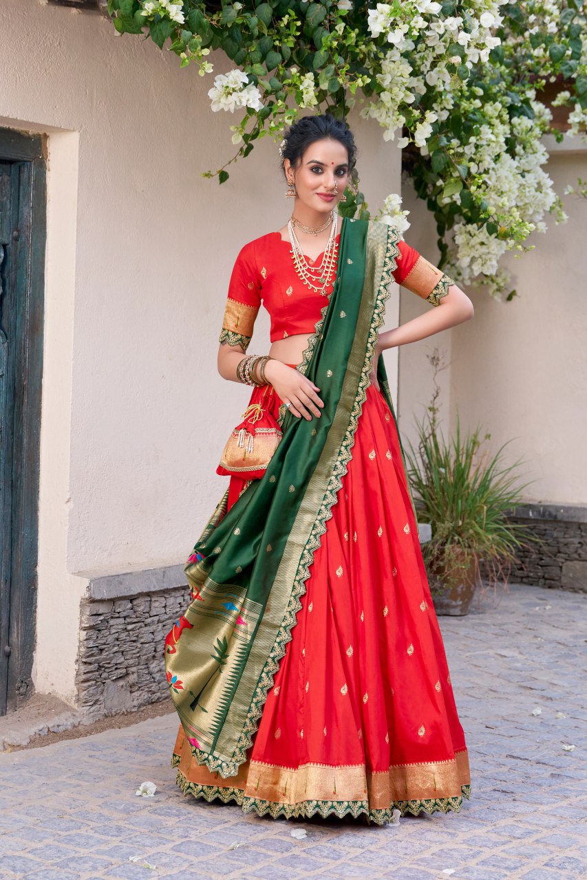 Red jacquard silk Paithani lehenga choli with dupatta and batwa