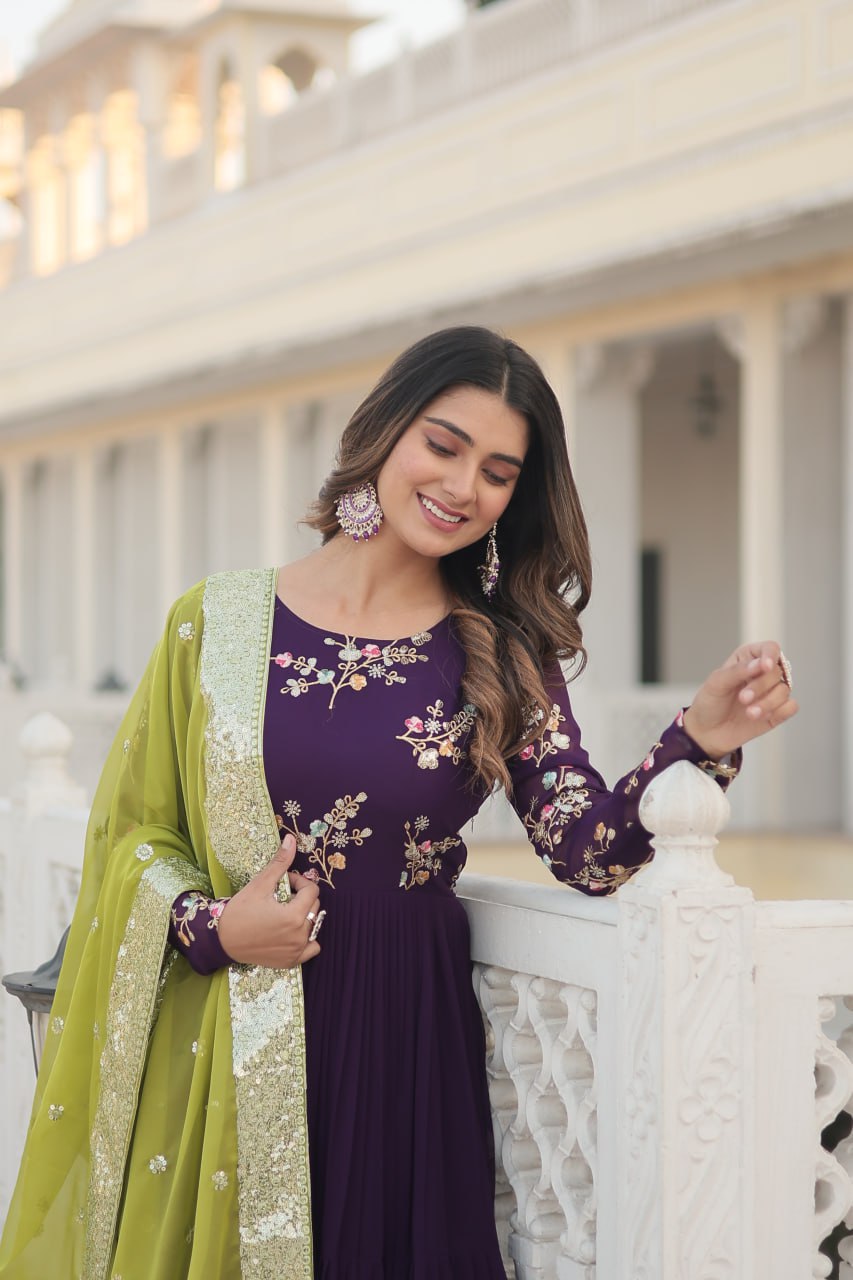 Satyabhama purple georgette anarkali gown set