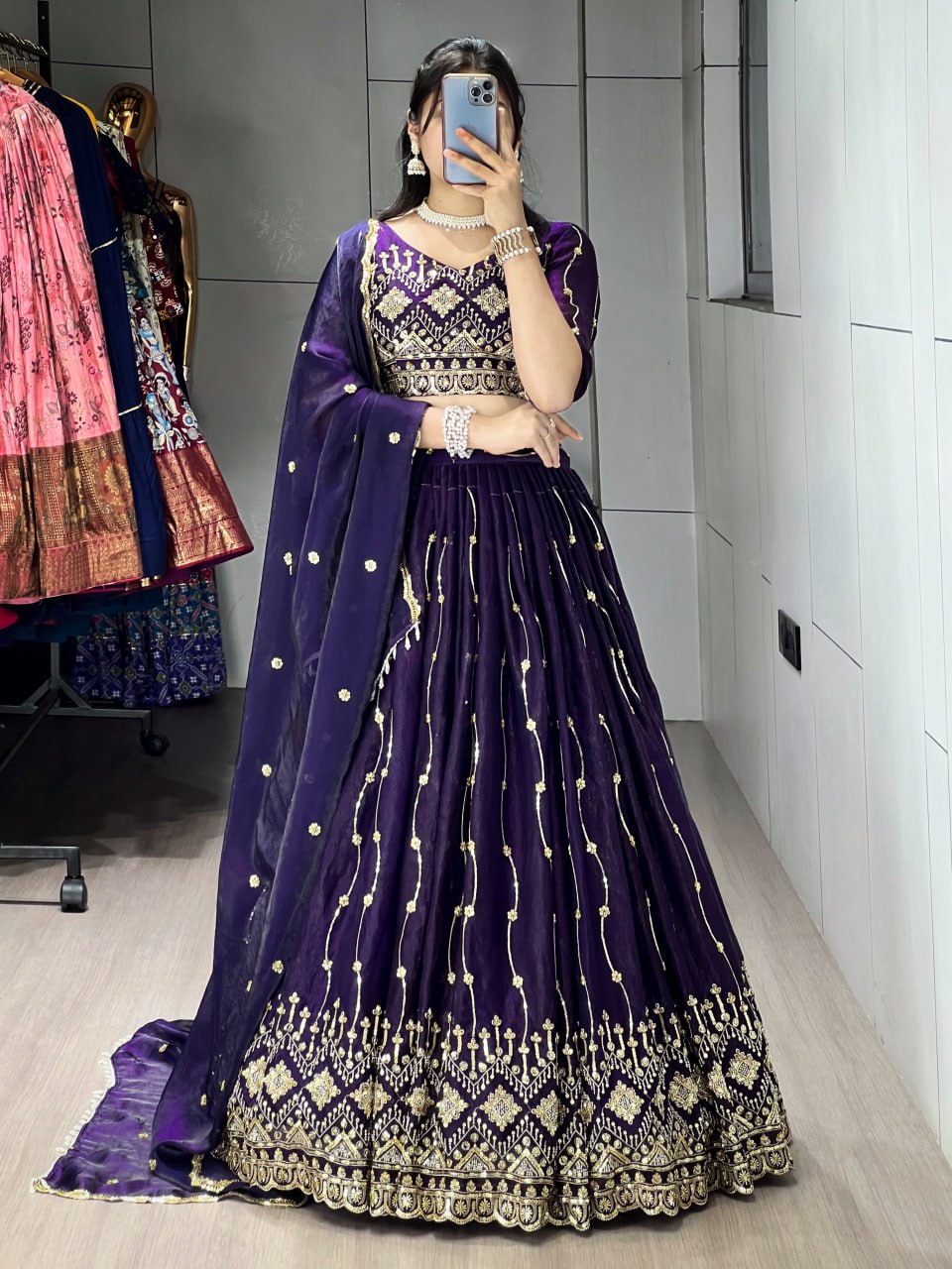 Purple Fendy satin beads embroidered lehenga choli with dupatta