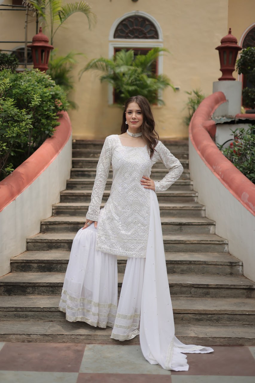 White georgette embroidered Lavya designer sharara suit