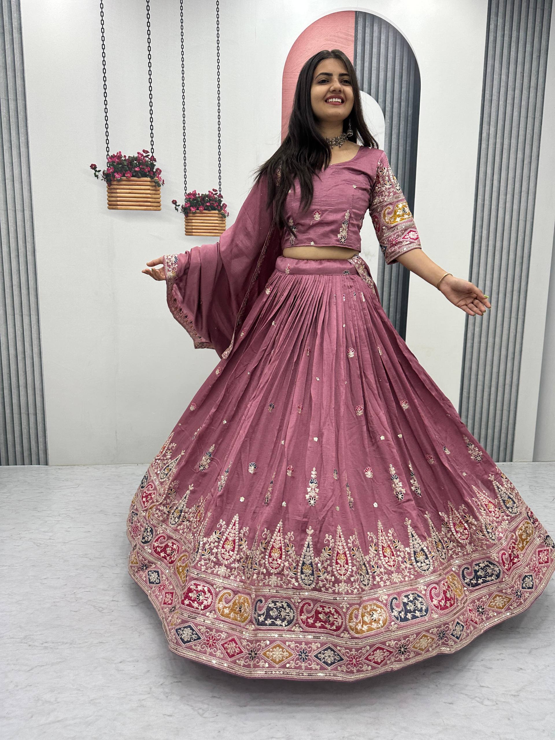 Raji mauve pink Vichitra silk lehenga choli with sequins thread embroidery and dupatta