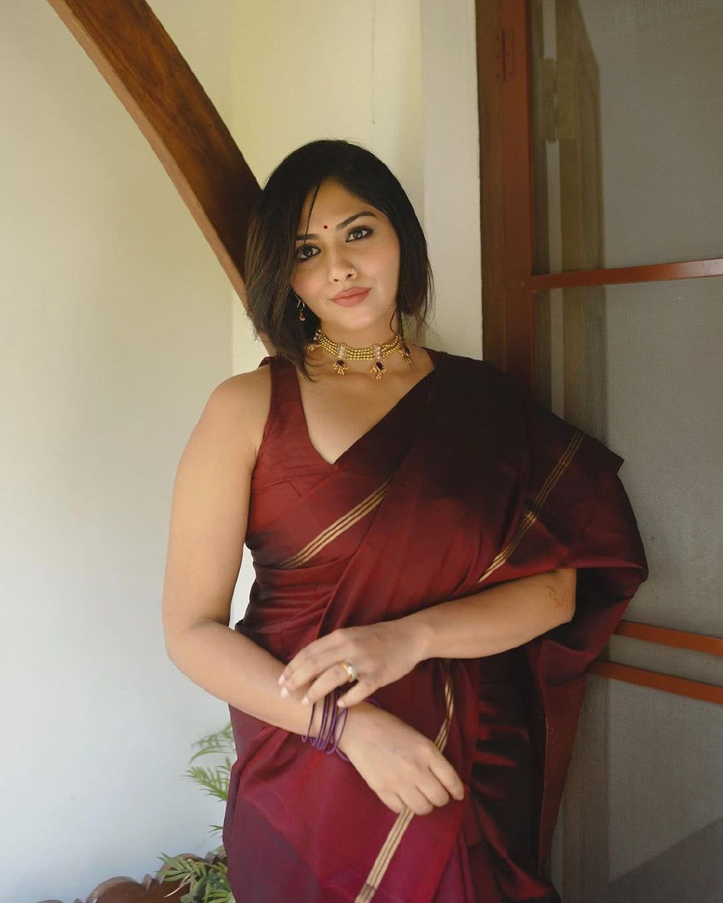 Maroon Banarasi silk Niva designer saree