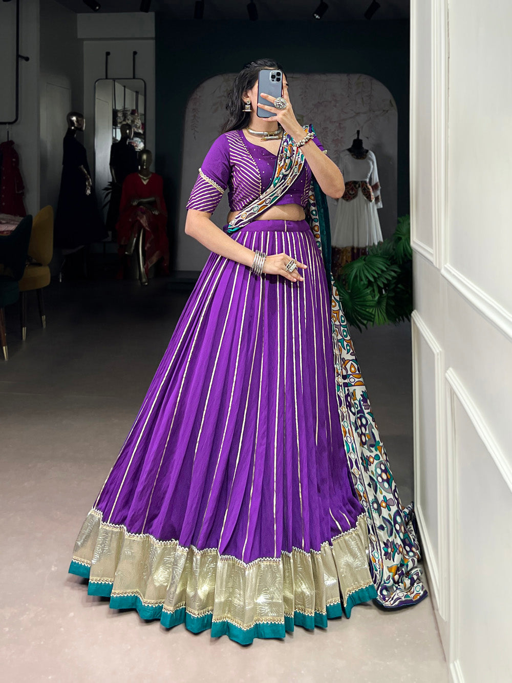 Purple traditional Chanderi lehenga choli with embossed lace design