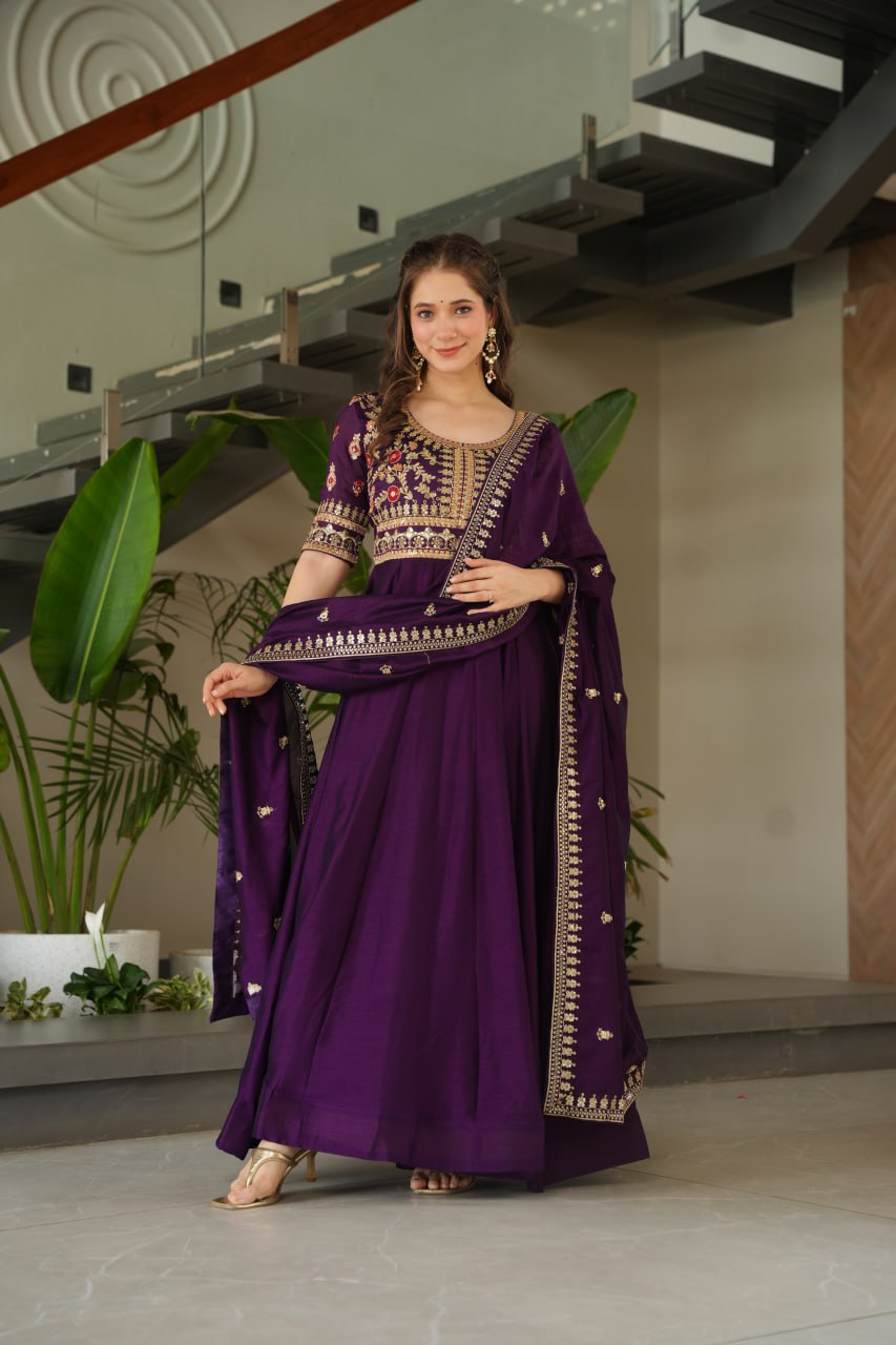 Aadishri purple silk sequins embroidered gown