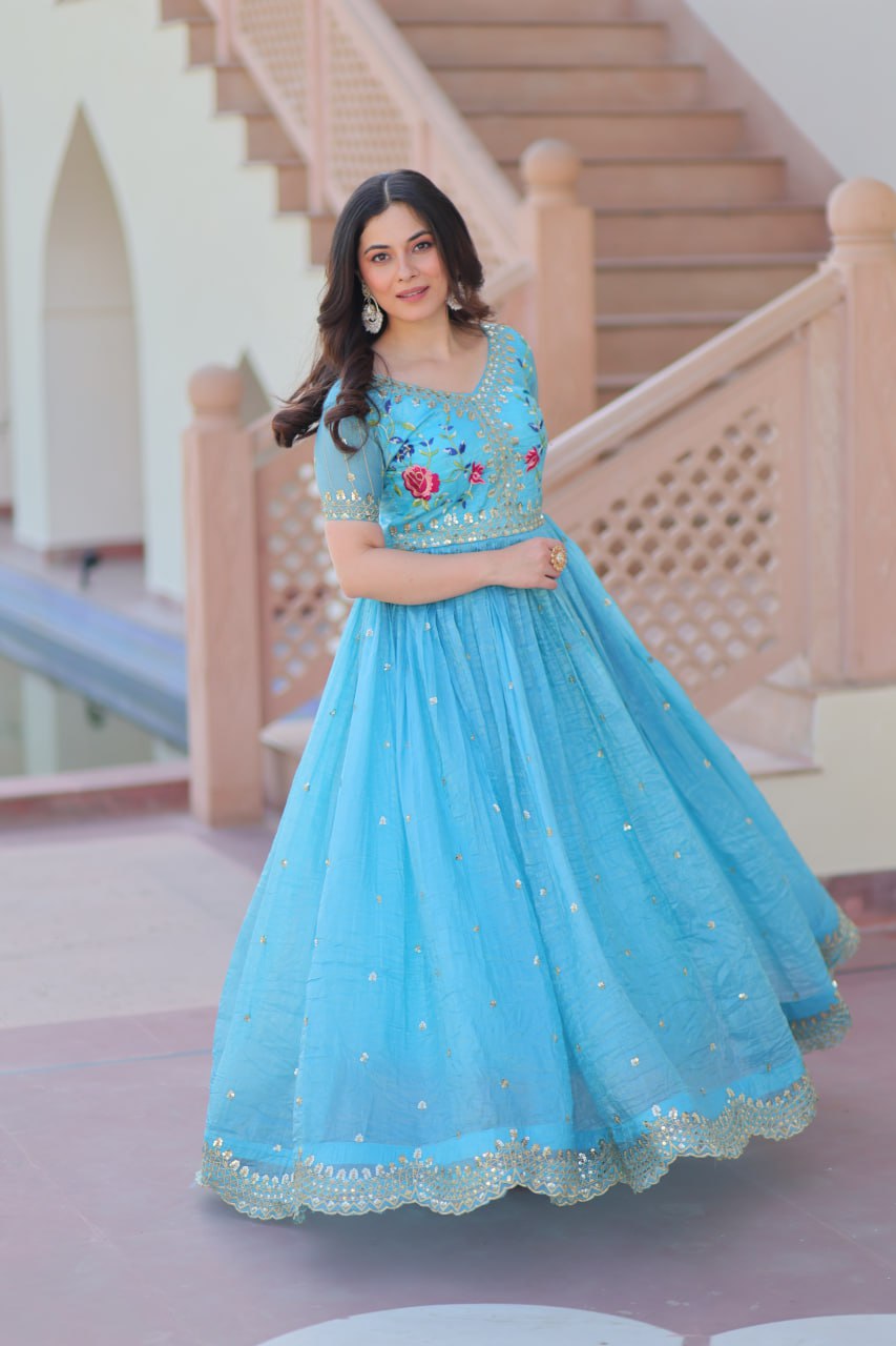 Sky blue gold crush zari sequins work embroidered gown