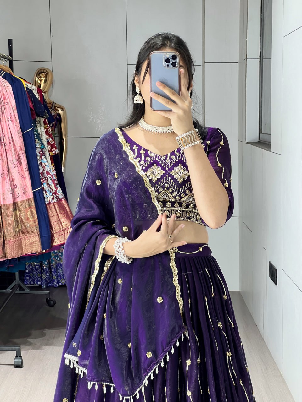 Purple Fendy satin beads embroidered lehenga choli with dupatta