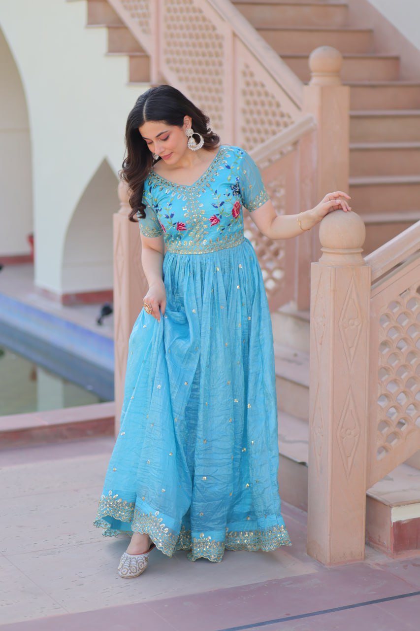 Sky blue gold crush zari sequins work embroidered gown