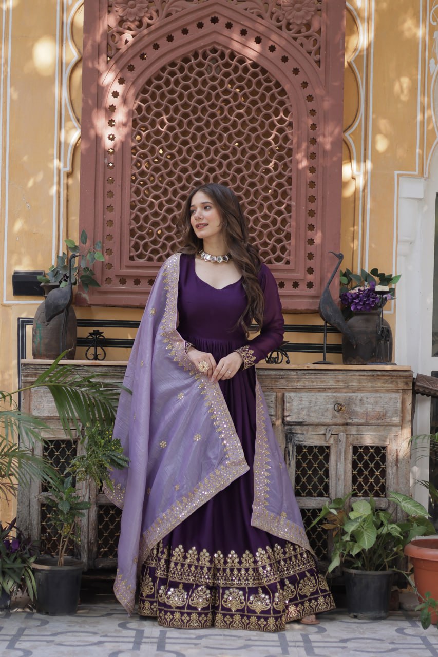 Purple star georgette embroidered zari sequins work gown with dupatta