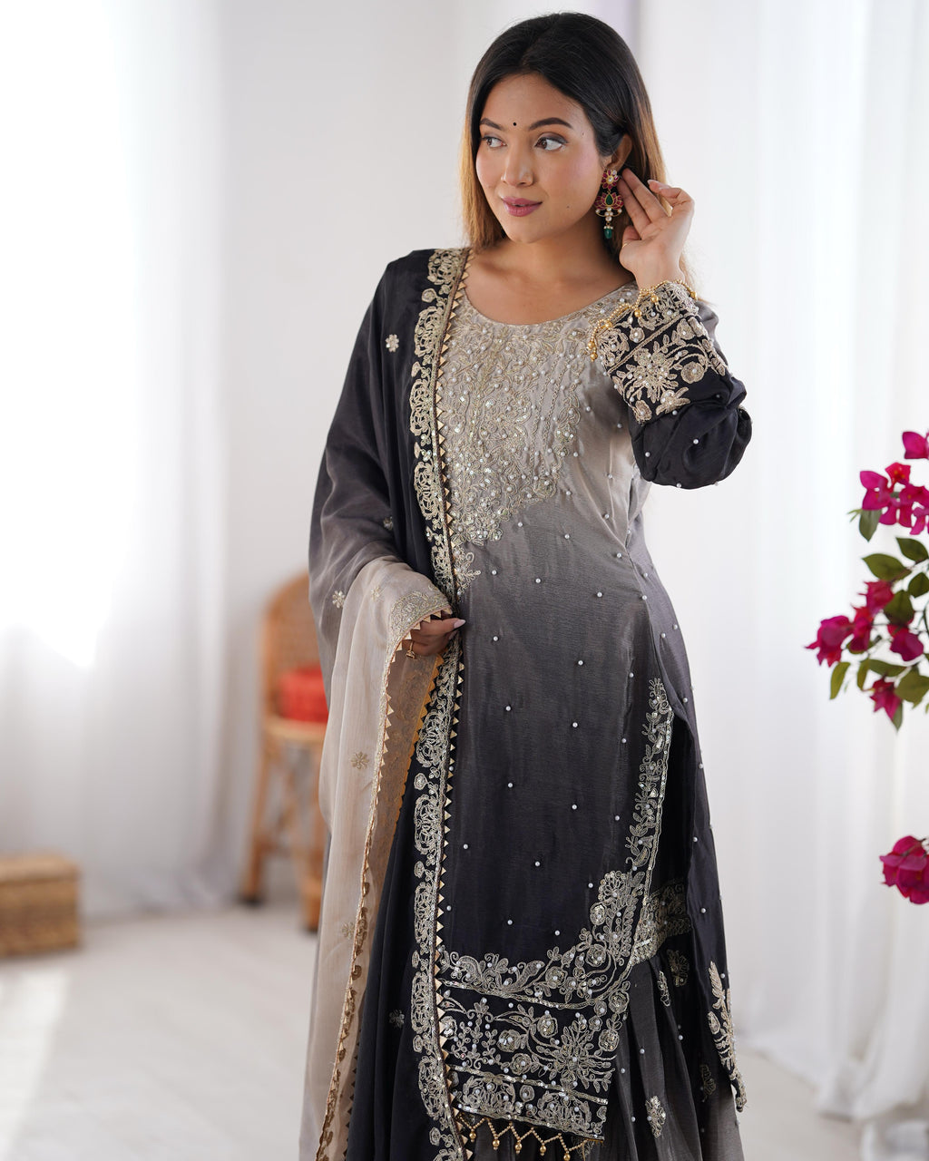Manvisha black embroidered sharara suit set